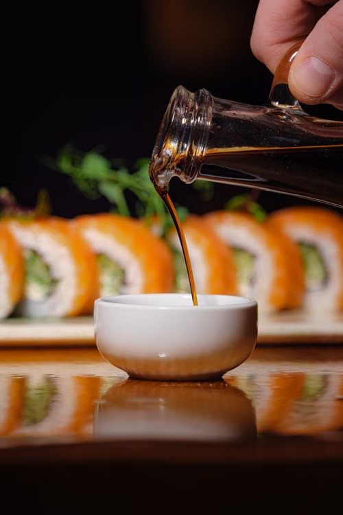 Japanese soy sauce being poured: contains wheat and is a primary hidden allergen in Japanese cuisine