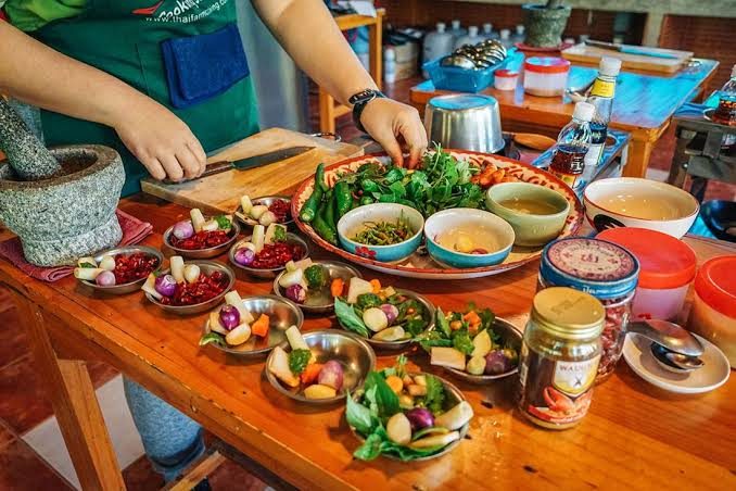 Thai cooking class ingredients laid out, cooking classes are a safer food experience for allergy travelers in Bangkok